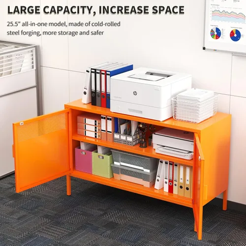 Miniatura 4 de Armario de almacenamiento de metal negro con 2 puertas, soporte de TV de 25 pulgadas de alto, armario de 2 niveles con estantes ajustables, gabinete