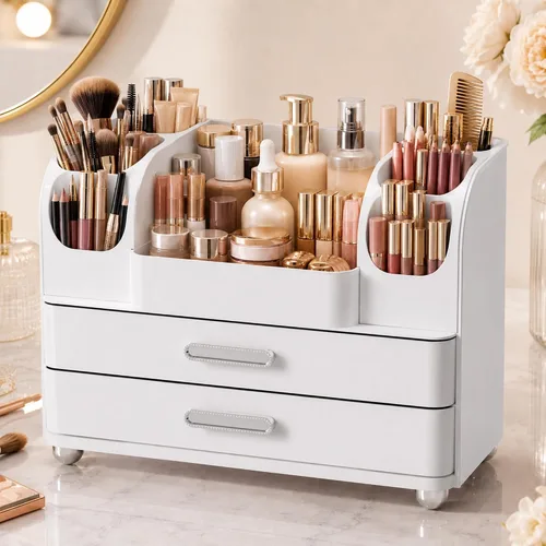 Organizador de maquillaje con 2 cajones, vitrina de cosméticos, soporte de almacenamiento para tocador, mostrador de baño, escritorio, suministros