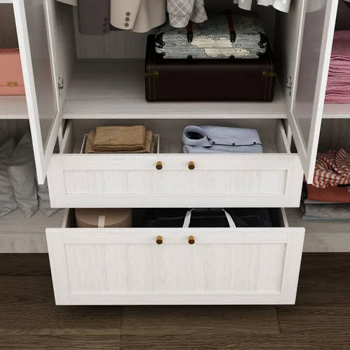 Miniatura 7 de MOUMON Armario grande con 4 puertas acrílicas y 2 cajones, armario con barra para colgar, para dormitorio, grano de madera