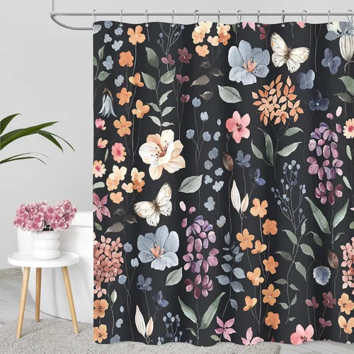 Miniatura 12 de MAYZUS Cortina de ducha con flores azules acuáticas, lindas cortinas de tela con flores para baño, juego de cortinas de tela de aguamarina
