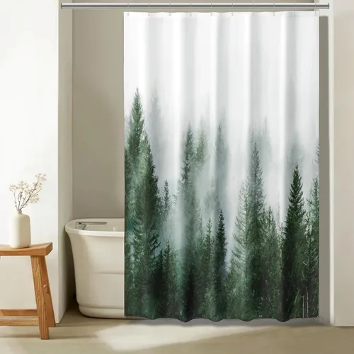 Miniatura 30 de ORTIGIA 36x72 Cortina de ducha de bosque nebuloso para baño pequeño, cortina de ducha estrecha de naturaleza y bosque en blanco y negro con ganchos
