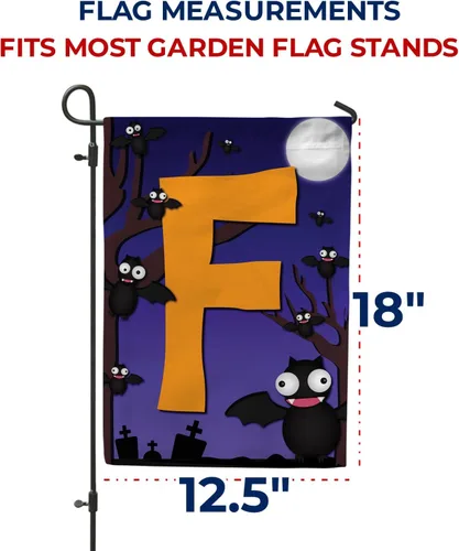 Miniatura 7 de Bandera de jardín con monograma de Estados Unidos para siempre, diseño de murciélagos de Halloween, 12.5 x 18 pulgadas, letra F, banderas pequeñas