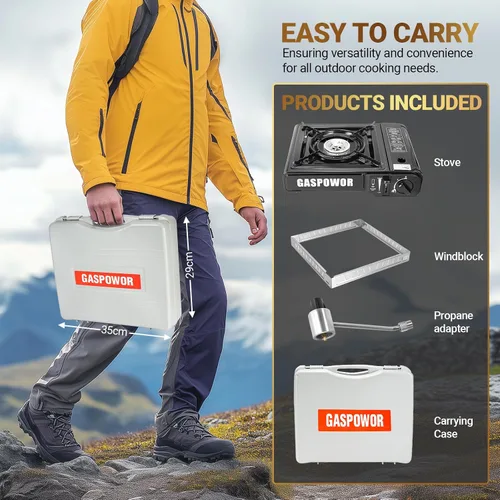 Miniatura 5 de Estufa de camping portátil de combustible dual Propane or Butane, 10,000 BTU, Automatic Ignition, Carrying Case & Windblocker, Emergency