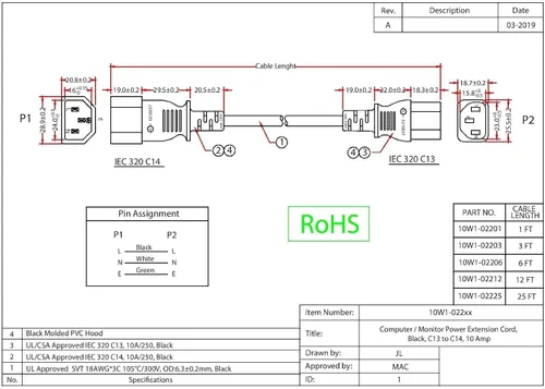 Miniatura 6 de CableWholesale Cable de extensión de alimentación para computadora/monitor, enchufe C13 hembra a C14 macho, 3 pines, 18 AWG, SVT, 10 amperios, cable