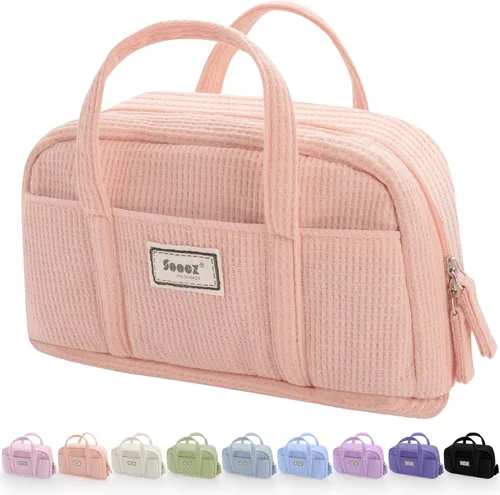Miniatura 8 de Sooez Estuche grande para lápices, extra grande con 5 compartimentos, bolsa para bolígrafos de amplia apertura, organizador de pana suave con Beige