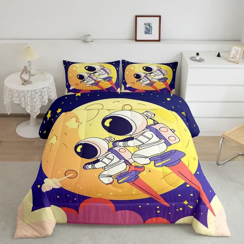 Miniatura 10 de Manfei Juego de edredón de astronauta de dibujos animados, tamaño individual, juego de ropa de cama colorido de cielo estrellado galaxia para niños