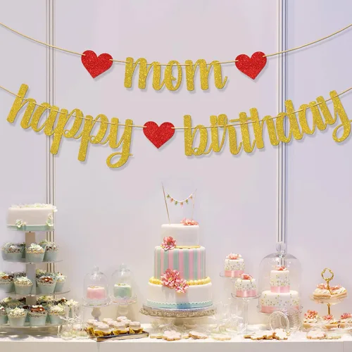 Miniatura 5 de Cartel de feliz cumpleaños con texto en inglés "Mom Happy Birthday", decoraciones para fiesta de cumpleaños de las mujeres, suministros de fiesta