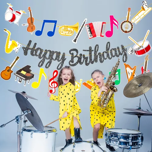 Miniatura 6 de Cartel de fiesta de cumpleaños con purpurina negra para instrumentos musicales, guirnalda de instrumentos musicales para tema de músico, suministros
