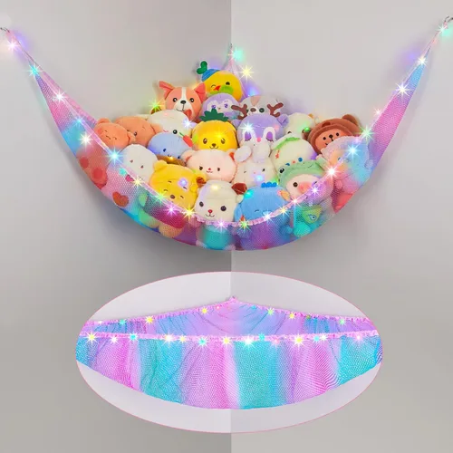 Miniatura 10 de Basumee Hamaca de animales de peluche con luz LED, organizador de red de juguetes de peluche, organizador de esquina para almacenamiento de animales