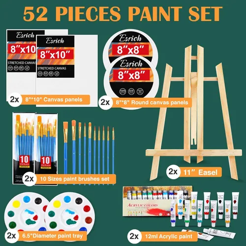 Miniatura 2 de ESRICH Juego de lienzo de pintura acrílica, kit de 52 piezas de suministros de pintura profesional con 2 caballetes de madera, 2 x 12 colores, 2 x