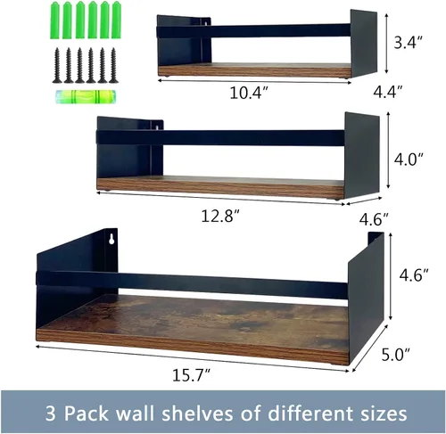 Miniatura 3 de Giftgarden Juego de 3 estantes flotantes negros para pared, estante de pared grueso industrial con soporte de riel de hierro para almacenamiento