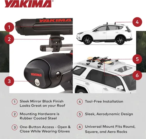 Miniatura 4 de Portaequipajes de techo Yakima para 4 pares de esquís o 2 tablas de snowboard, montaje universal para auto con bisagra expandible, FatCat EVO 4