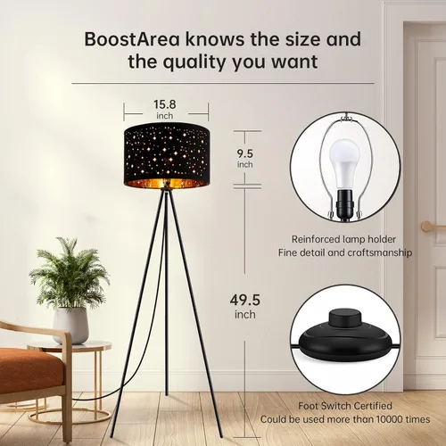 Miniatura 3 de BoostArea Lámpara de pie, lámpara de pie con trípode, bombilla LED de 8W, pantalla decorativa, lámpara de pie estilo de mediados de siglo para sala