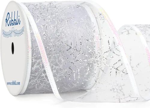 Miniatura 14 de Ribbli Cinta con alambre de purpurina de copo de nieve, organza dorada transparente con patrón de copo de nieve con purpurina dorada y borde