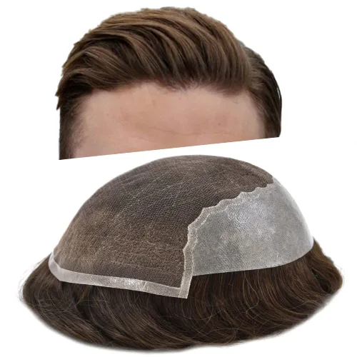 Miniatura 34 de Toupee para hombres, sistema de reemplazo de cabello humano Remy, nudos blanqueados, encaje frontal, piel fina, para hombre, color gris, pelucas