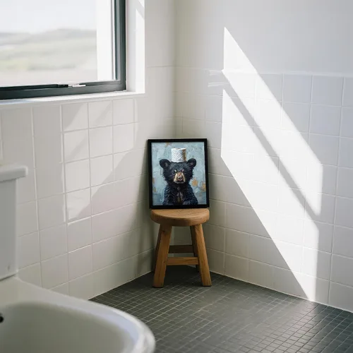 Miniatura 3 de Arte de pared de lienzo enmarcado para baño con oso negro tierno, decoración divertida para baño con animales, adorable oso con papel higiénico