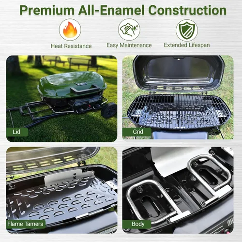 Miniatura 3 de Parrilla de gas portátil Brand-Man, parrilla de propano con soporte vertical y carro plegable y encendido de botón, ideal para camping, portón Verde