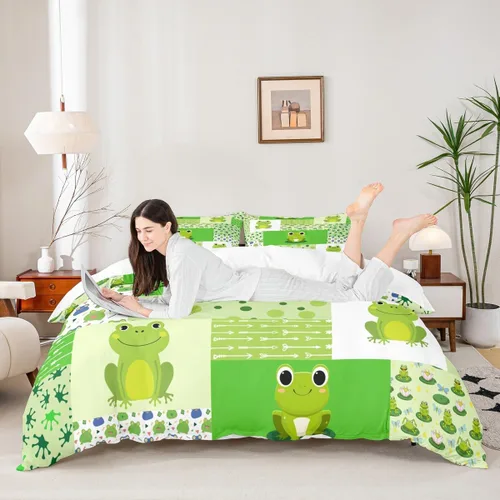 Miniatura 3 de Juego de ropa de cama de rana verde, funda de edredón de anfibios tropicales para niños, niñas, adolescentes, funda de edredón geométrica