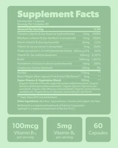 Miniatura 6 de sapling Complejo vegano de vitamina B, mezcla de alimentos integrales con vitaminas B esenciales B1, B2, B3, B5, B6, B7, folato, B12-60 cápsulas