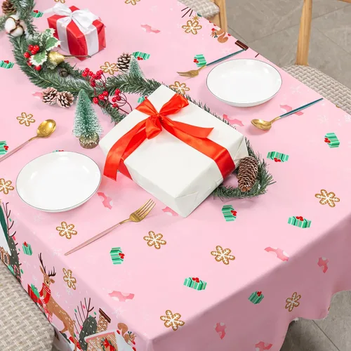 Miniatura 3 de Mantel de Navidad Rosa de 60 x 104 Pulgadas Casa de Jengibre Reno Cubierta de Mesa Rectangular Mantel de Mesa para Navidad Hogar Granja Picnic Cena