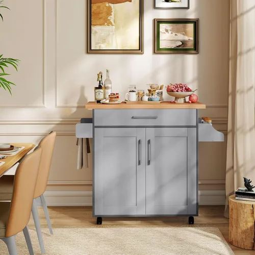 Miniatura 8 de HAPPYGRILL Carrito de cocina con ruedas para isla de cocina, carrito de almacenamiento de cocina con estante ajustable, cajón, estante