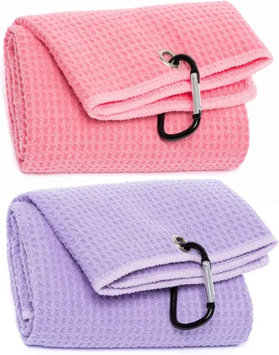 Juego de 2 toallas de microfibra de tres pliegues con clip de mosquetón, toallas de golf con patrón de gofre para bolsas, toallas deportivas al aire