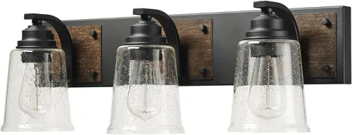 Miniatura 9 de Globe Electric 51854 Kingston - Lámpara de tocador de 3 luces, madera sintética oscura, detalles de metal galvanizado, pantalla de vidrio sembrado