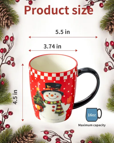Miniatura 2 de Tazas de café HASENSE, juego de 4 tazas de cerámica de 15 oz con asa y patrones de muñecos de nieve para hombre mujer, juego de tazas de porcelana