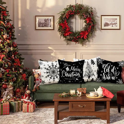 Miniatura 5 de Lanpn Fundas de Almohada Decorativas de Navidad 16x16 4 piezas, Negro Blanco Feliz Navidad Navidad Invierno Copo de Nieve Decorativas Vacaciones