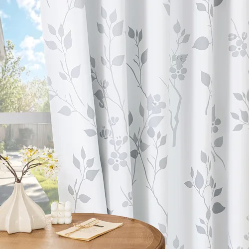 Miniatura 6 de Beauoop Cortinas Florales 100% Opacas de 54 Pulgadas de Largo, 2 Paneles para Dormitorio, Sala de Estar, Azul Gris y Blanco con Patrón de Flores