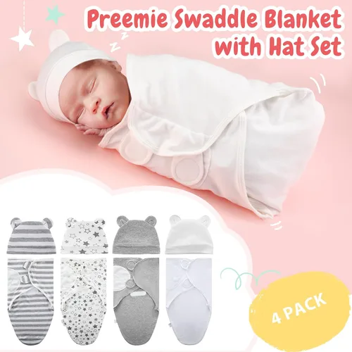 Miniatura 4 de Buryeah Paquete de 4 Mantas Envolventes para Bebés Prematuros con Gorro para Bebés Niños y Niñas de 3-7 Libras, Ropa para Recién Nacidos Prematuros