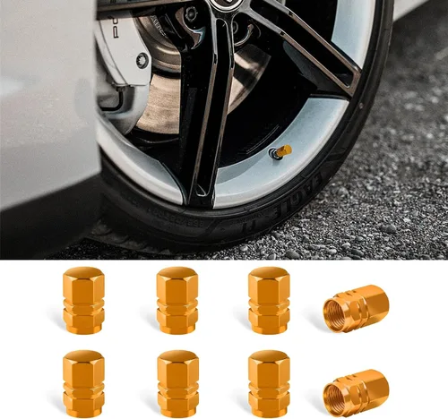 Kewucn 8 PCS Tapas para Vástago de Válvula de Neumático de Automóvil, Tapas de Aire de Aleación de Aluminio con Anillo de Goma, Cubiertas Oro