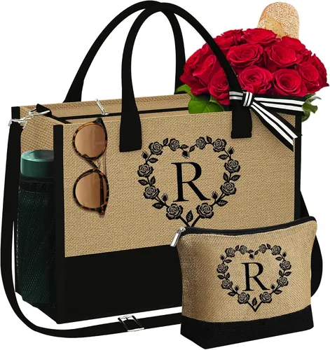 Regalos para mujeres Bolsa de playa inicial y bolsa de maquillaje 2024, regalos de graduación, regalos de cumpleaños para ella mujer