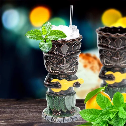 Miniatura 3 de SuproBarware Tiki - Juego de 4 tazas de cerámica hawaiana para fiesta, tazas grandes de fiesta Tiki para cócteles, bebidas tropicales de bar