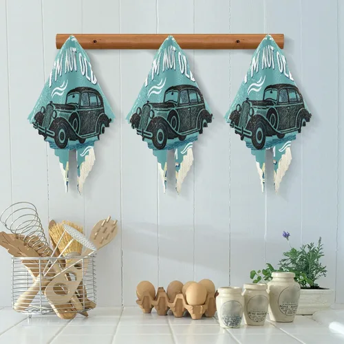 Miniatura 5 de Juego de 6 paños de cocina retro de los años 60 con estampado de automóvil brillante, toallas de cocina para la cocina, toallas brillantes