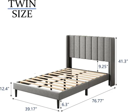Miniatura 2 de Gruwans Estructuras de Cama Individual con Cabecera Wingback, Camas de Plataforma Tapizadas, No Necesita Somier, Soporte Resistente de Listones