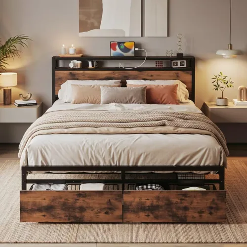 Miniatura 10 de LIKIMIO Base de cama Queen con cabecera de almacenamiento, cama de plataforma con cajones y estación de carga, no necesita somier, fácil montaje