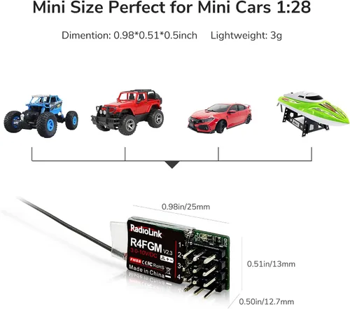 Miniatura 5 de Radiolink R4FGM V2.3 2.4Ghz 4 canales RC Gyro Receptor para Mini RC Cars 1,312.3 ft Control de largo alcance para control remoto RC RC8X/RC6GS