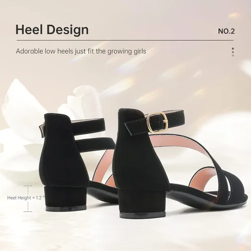 Miniatura 5 de Sandalias para niñas con tacón para niños con punta abierta y correa de tobillo, zapatos de vestir con flores para bodas y fiestas para niños