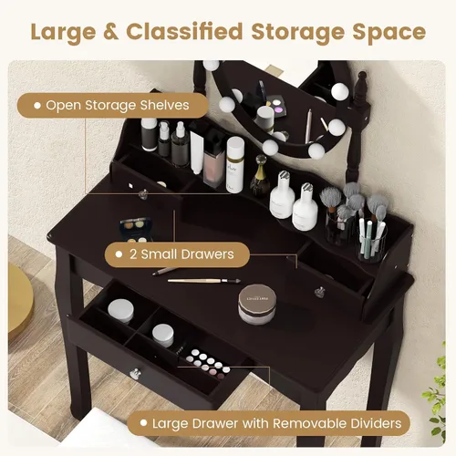 Miniatura 2 de Byroce - Juego de tocador con taburete acolchado, mesa de maquillaje con espejo ovalado iluminado giratorio de 360°, 3 cajones, 10 luces LED