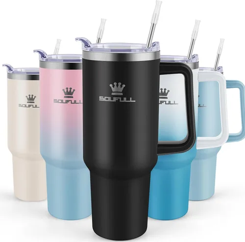 Miniatura 9 de Vaso de 40 onzas con asa y tapa con popote, taza de café de viaje 100% a prueba de fugas, taza aislada de acero inoxidable para bebidas frías