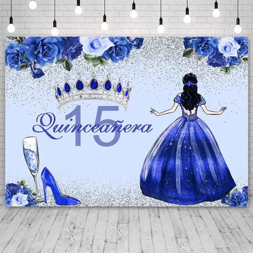 Sendy Telón de fondo de quinceañera de 15 cumpleaños para niñas, vestido azul, corona de princesa, fondo de fotografía, flores azules y zapatos de