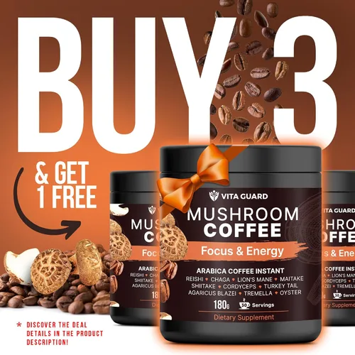 Miniatura 3 de Vita Guard 10 Café de Hongos en Mezcla Instantánea – Melena de León, Cordyceps y Reishi – Café Árabe Premium con Polvo de Coco – Concentración