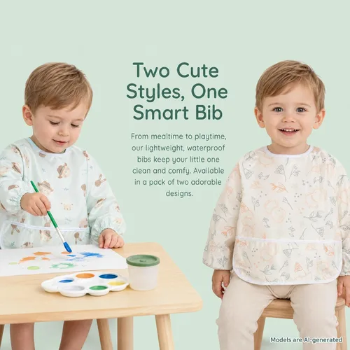 Miniatura 6 de Little Dimsum Paquete de 2 baberos de alimentación de manga completa, delantal impermeable para bebés y niños pequeños, protección alimentaria