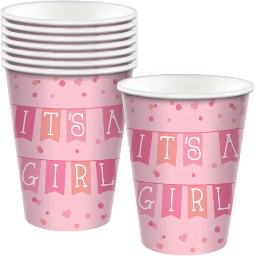 Amscan Vasos de papel para fiesta, 9 onzas, paquete de 8, It's Girl, rosa