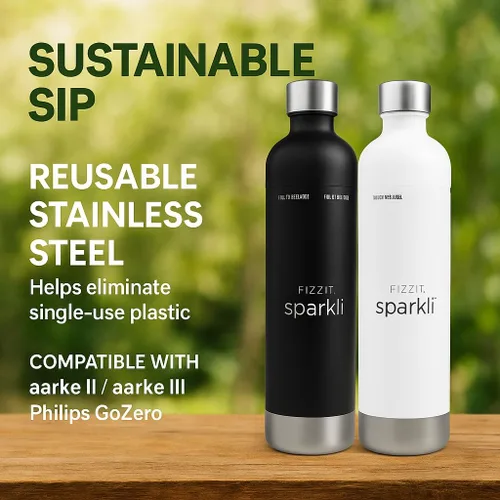 Miniatura 2 de FIZZIT Botella de Carbonatación de Acero Inoxidable Negro Compatible con Algunos Fabricantes de Soda Botella de Agua con Gas Reutilizable, Apta