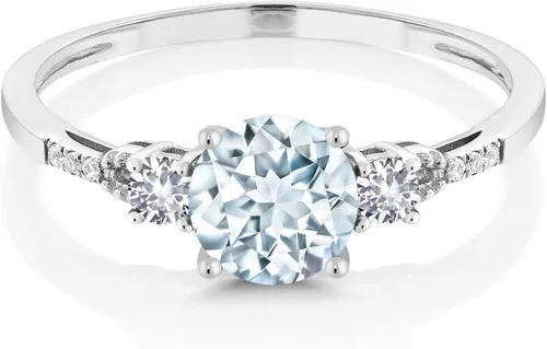 Miniatura 2 de Gem Stone King Anillo de compromiso redondo de oro blanco de 10 quilates con zafiro blanco creado aguamarina y blanco para mujer