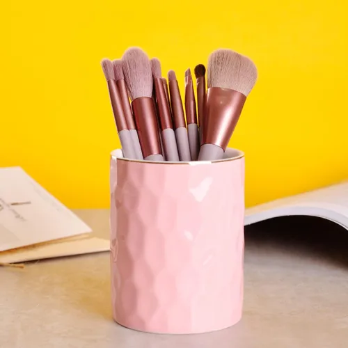 Miniatura 4 de WHJY Vaso de Lápices de Cerámica Rosa, Soporte para Brochas de Maquillaje, Soporte Dorado para Bolígrafos de Escritorio Pequeño Bonito Soporte