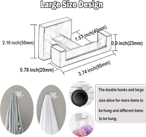 Miniatura 5 de BOZWELL Ganchos dobles para toallas para baño, montaje en pared de níquel castrado, estilo cuadrado simple y moderno, gancho para bata y abrigo