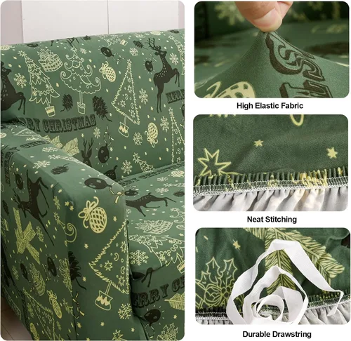 Miniatura 6 de Funda de sofá de Navidad Verde, Funda Elástica para Sofá, Funda Deslizante para Sofás y Sofás de Dos Plazas, 1 Pieza, Funda Temática Navideña